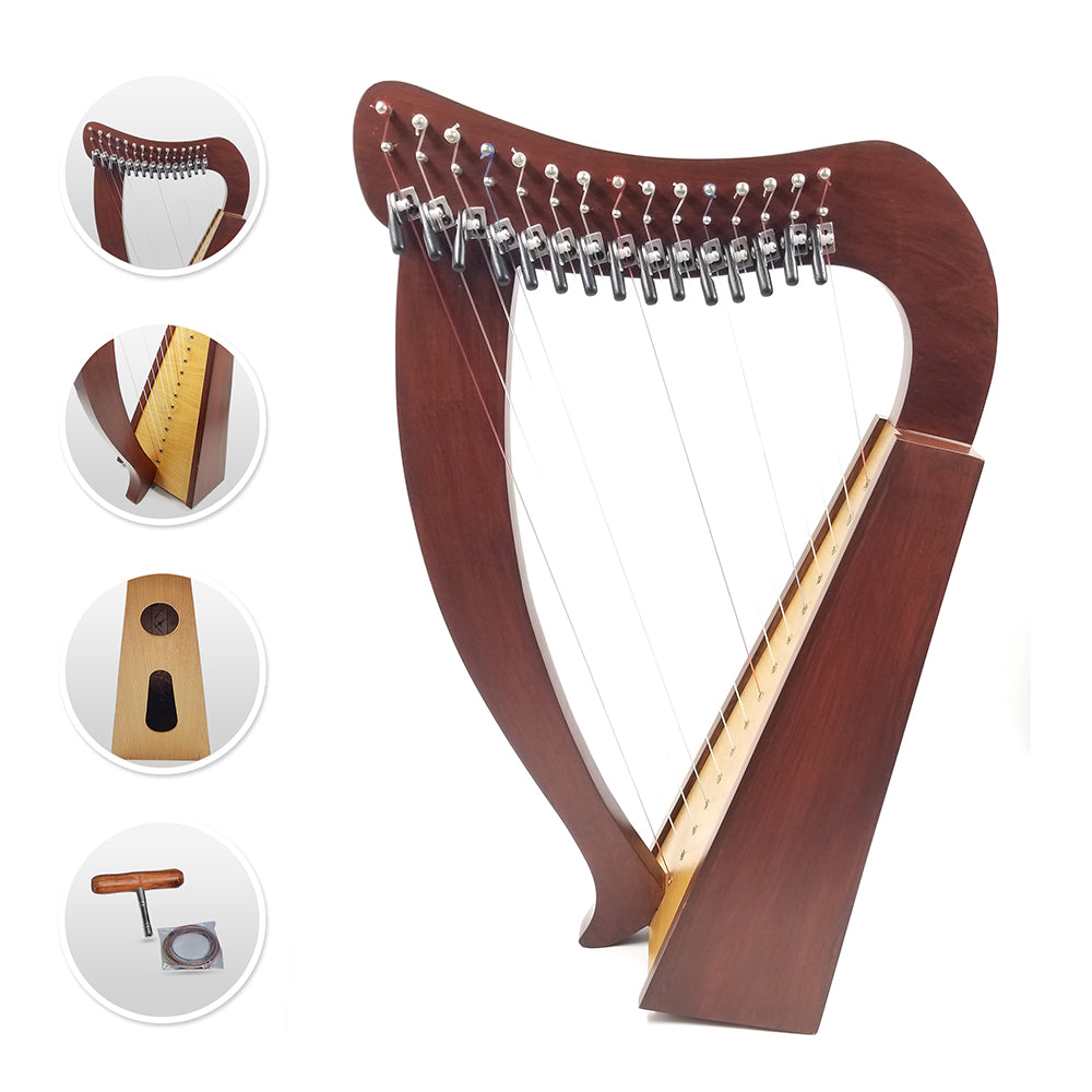 Celtic 15 String Baby Lever Harp w/Gig Bag, Strings, Key